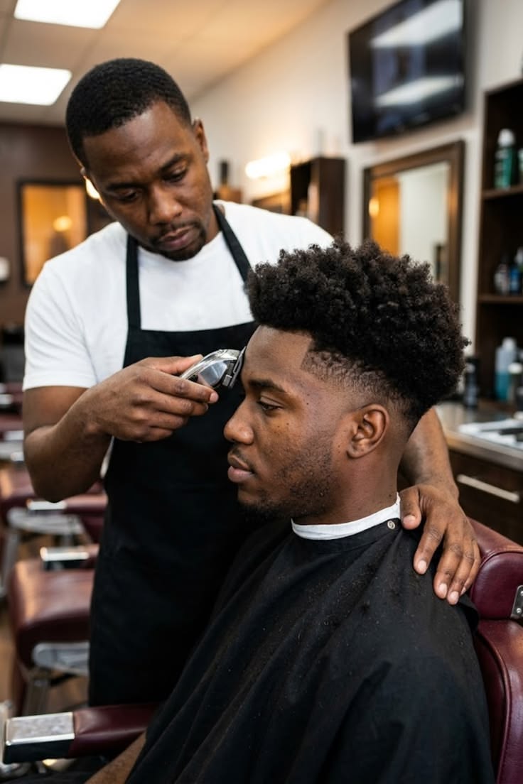 Barber detailing a high taper fade with clippers