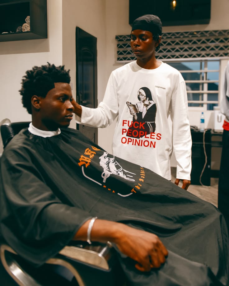Barber and client in streetwear style
